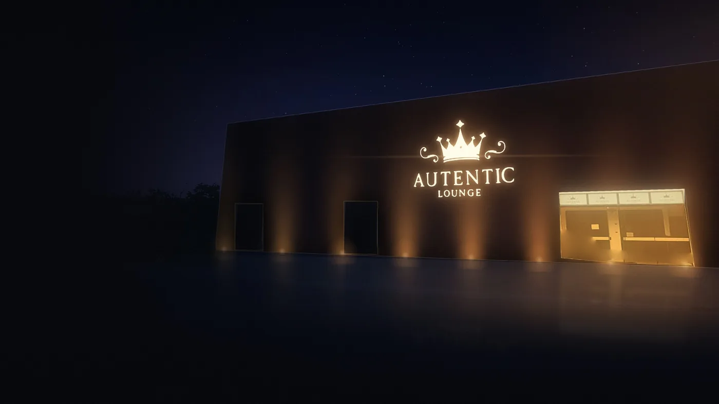 Fachada do Autentic Lounge à noite, com o letreiro iluminado